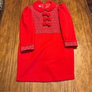 Vintage 60’s/70’s Girls Mod Red Christmas Dress Twiggy Bows Fitted By Brandi